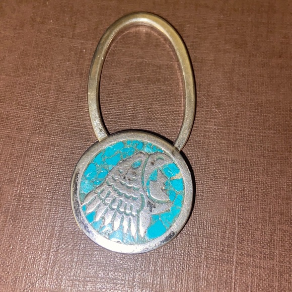 Vintage crushed turquoise inlay tribal key ring Mexico Taxco 925 - Picture 2 of 13
